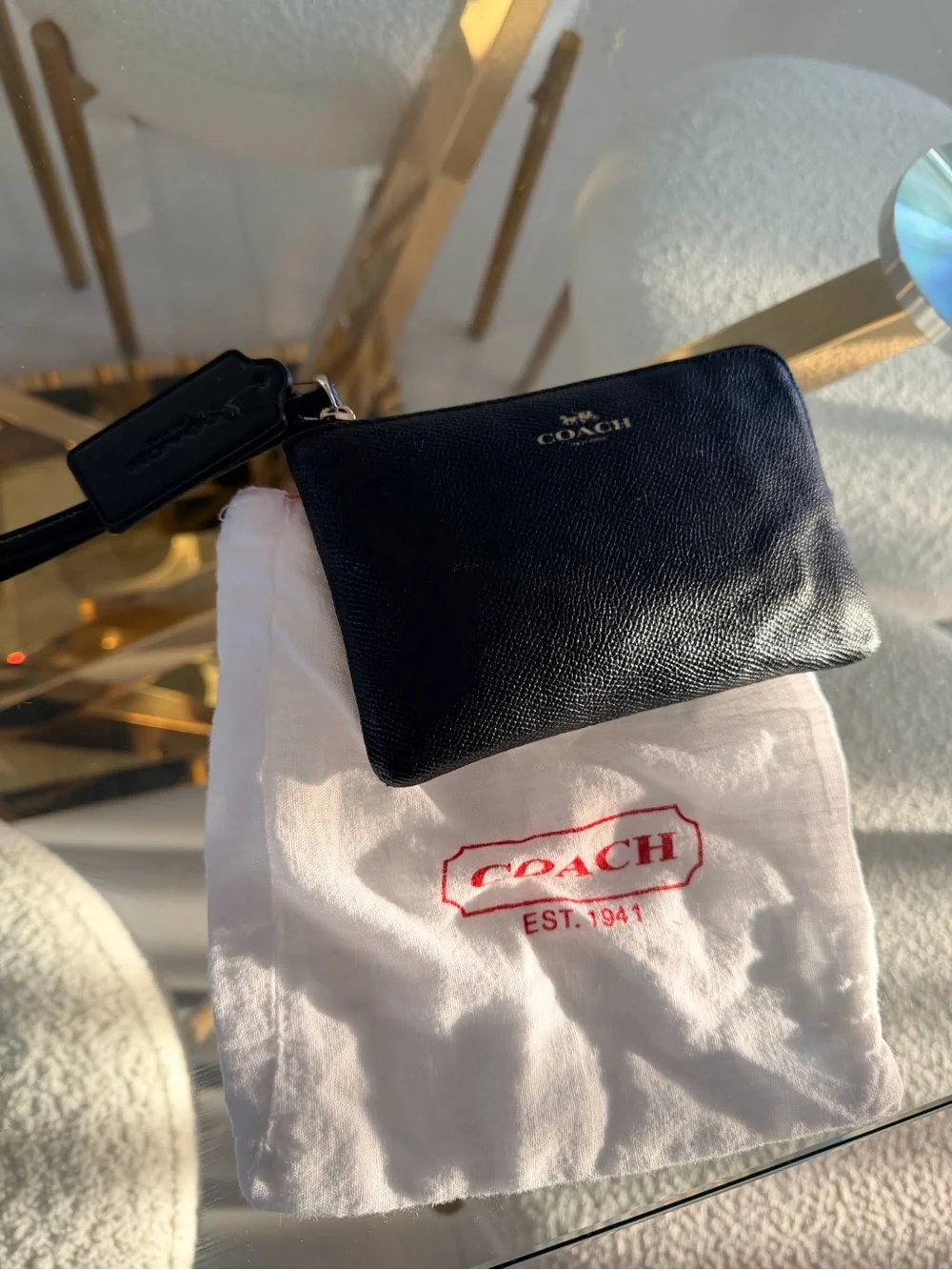 Coach Black Leather Wristlet with Gold Logo